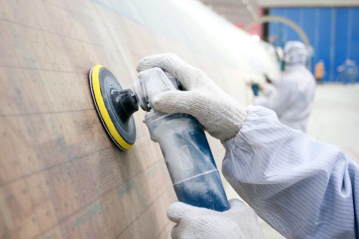 Gloved hands running a rotary polisher across a surface being refinished